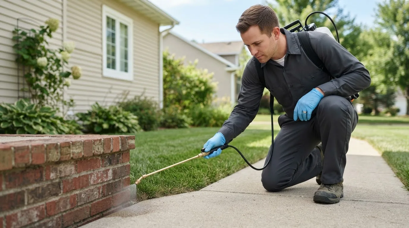 Pest control technician treating a home near Vermont, IL